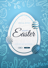Happy Easter background with traditional sketches decorations. Easter greeting with colored eggs, rabbit. - 256237514