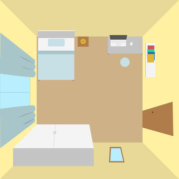 Modern interior bedroom top view, interior icon design, furniture top view image, interior vector illustration flat design.