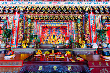 Vibrant interior details of a Buddhist temple in Jiufen, Taiwan.