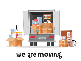 Open trunk of the truck woth stack af office things in cardboard boxes.Corporate Moving.Unloading or loading van. We are moving home concept with lettering qoute.Vector flat cartoon style illustration © LanaSham