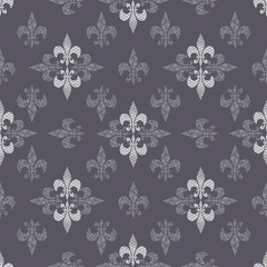 Seamless pattern illustration of abstract stylized lilies with mixed prints and optical illusion styles and 3d shapes. Smoky grey and white vector illustration.