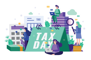 Business team analysis and strategy tax data on tax time deadline concept. Flat design element. Vector illustration.