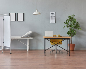 Clinic, doctor room, private room, hospital and patient care room. Healthcare center, bed and table style.