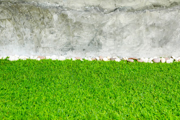 Green grass and stone with concrete wall for background
