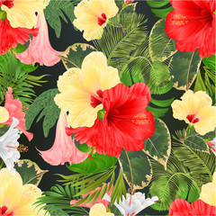 Seamless texture tropical flowers  floral arrangement, with  red and yellow hibiscus and Brugmansia  palm,philodendron  vintage vector illustration  editable hand draw