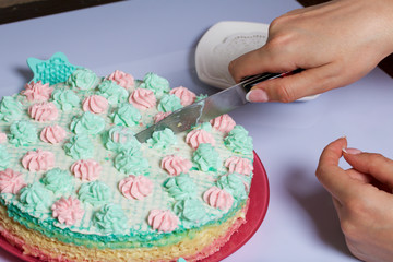 A woman is cutting a cake. Waffle cake made from cream soaked cakes. Decorated with cream flowers.