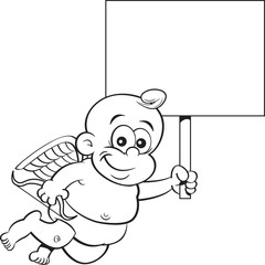 Black and white illustration of happy baby cupid with a bow and holding a sign.