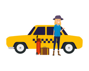 tourist woman with suitcases and taxi