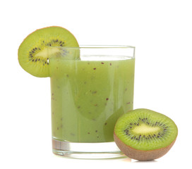 Fototapeta na wymiar Kiwi smoothies in a glass next to fresh kiwi slices on a white isolated background. fruit drink.