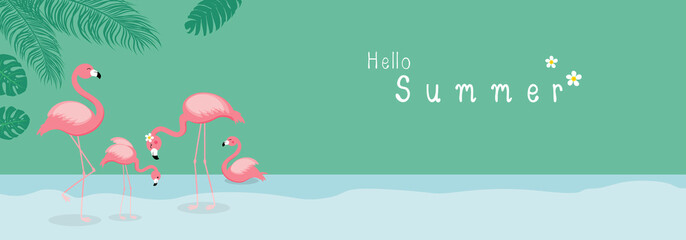 Summer concept design of flamingo with tropical leaves in the forest vector illustration © ArtBackground