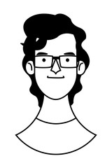 young man face cartoon in black and white
