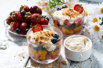 fresh fruit dessert with custard, closeup