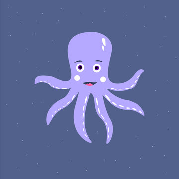 Cute purple octopus, on a dark blue background vector