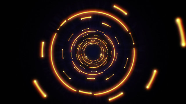 Orange abstract light circles seamless looping. Animation of an abstract background tunnel loop with shiny light circles. Futuristic illumination neon space. Abstract circles neon tunnel.