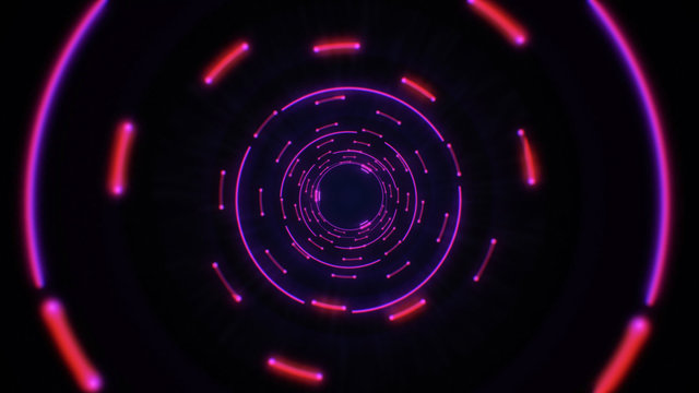 Pink abstract light circles seamless looping. Animation of an abstract background tunnel loop with shiny light circles. Futuristic illumination neon space. Abstract circles neon tunnel.