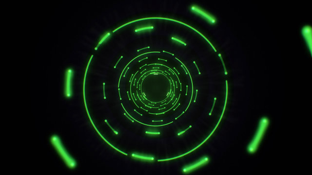 Green abstract light circles seamless looping. Animation of an abstract background tunnel loop with shiny light circles. Futuristic illumination neon space. Abstract circles neon tunnel.