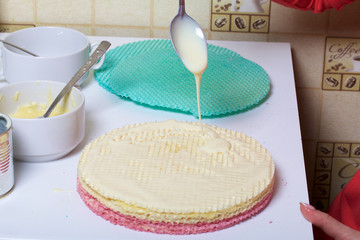 A woman lubricates the cakes and puts in a pile. Round wafer cakes of different colors. For making waffle cake. Nearby there is a can of condensed milk to soak the cakes.
