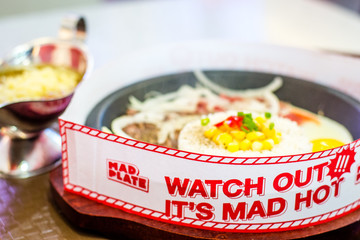 Japanese Curry Hamburger and Beef Slice on hot plate
