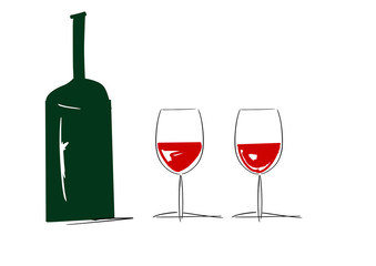 Bottle of red wine and two glasses. Black contour. Dark green and dark red colors. Vector set.