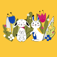 Hello spring! Colorful flowers and sweet rabbits