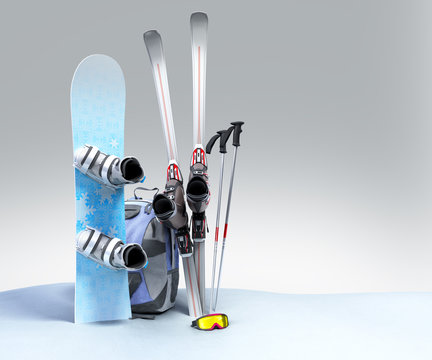 concept of winter tourism snowboarding and skiing in the snow 3d render on grey gradient
