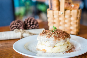 Tiramisu Souffle Pancake with mascarpone cheese, coffee and coco powder