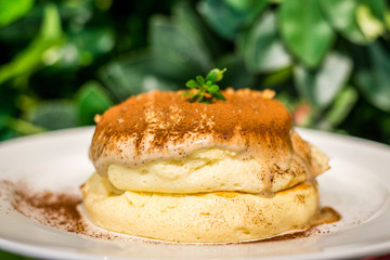 Tiramisu Souffle Pancake with mascarpone cheese, coffee and coco powder