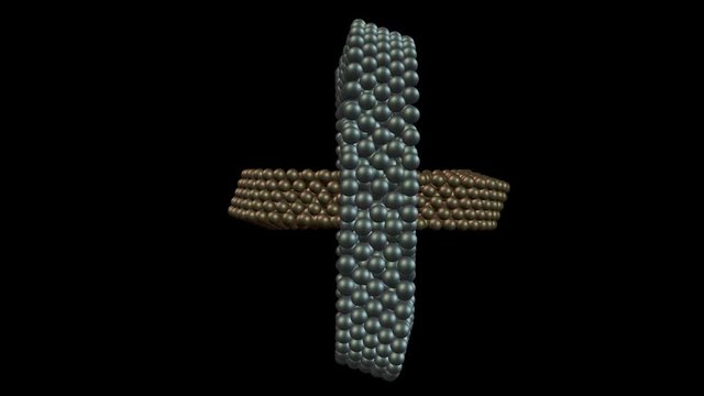 3D animation of two rings which mutually rotate and consist of a set of balls.
