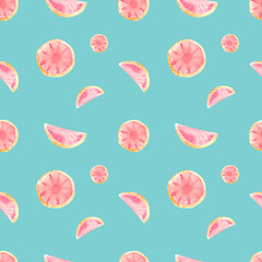 watercolor seamless pattern with grapefruit on a blue background, tropical fruit group, cute fruit background.