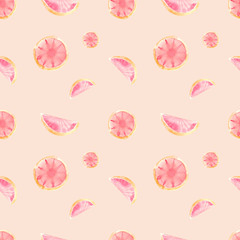 Seamless pattern of fresh pink grapefruits with leaves on a pink background. Great for textile print, invitations, or packaging.