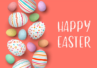 Happy Easter eggs in a row with text. Colorful easter eggs on coral background. hand font. Scandinavian ornaments