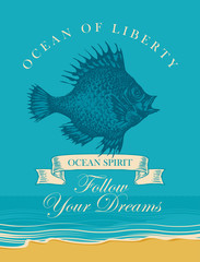 Naklejka premium Vector banner with big hand drawn fish and inscription Follow your dreams. Illustration on the theme of travel, adventure and discovery on the background of seascape with beach and sea