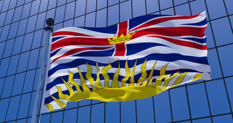 Obraz premium British Columbia, Canada flag on skyscraper building background. 3d illustration