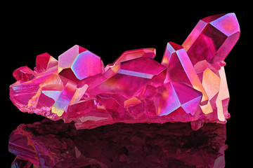 Amazing colorful Quartz Purple Titanium aura crystal cluster on black background, Angel aura mineral
