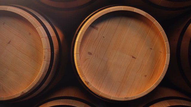 Wine or Whiskey in vaults. Barrel in the basement. Wine, beer, Whiskey barrels stacked at the warehouse. Looped animation. 3D animation