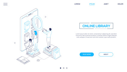 Online library - isometric line design style web banner - obrazy, fototapety, plakaty