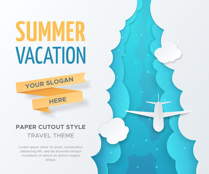 Vector travel landscape with 3D realistic paper cut out objects (airplane, clouds and ribbon). Template in paper style for design of flyers, leaflets and banners. Carving art with blue background.