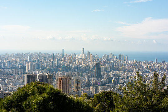 Panorama of Beirut skyline, from Meitn in Lebanon. Achrafieh buildings and the Mafaa port appear on the Mediterranean shore