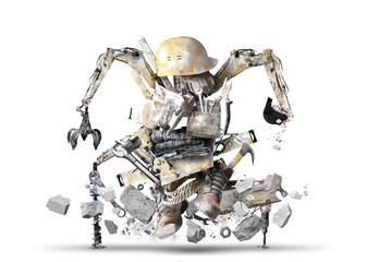 Huge construction robot, tools with construction machinery in grunge style