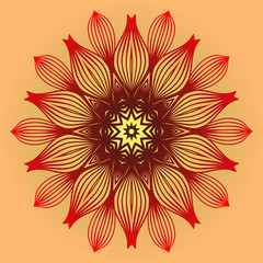 Ornamental Circle Pattern. Sacred Oriental Mandala. Color Floral Ornament. Vector Illustration. For Coloring Book, Card, Invitation, Tattoo. Anti-Stress Therapy Pattern. Red orange gold colour.