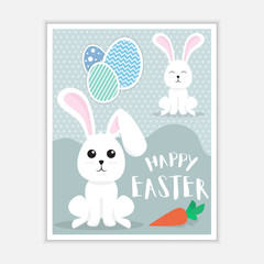 Vector greeting card for Easter. Cute rabbits with Easter eggs