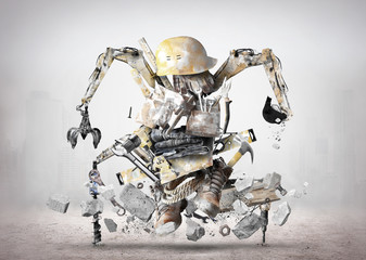 Huge construction robot, tools with construction machinery in grunge style