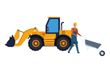 Obraz na płótnie Canvas Construction worker with wheelbarrow and backhoe colorful