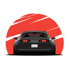 Cartoon japan tuned car on red sun background. Back view. Vector illustration