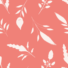 Hand drawn white brush stroke leaves on coral pink background. Seamless vector pattern with a calm spacious feel. Great for wellbeing, organic, beauty, spa products, fabric, giftwrap, packaging