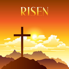 Risen. Easter illustration. Greeting card with cross and clouds.