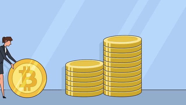 Flat cartoon businesswoman character roll bitcoin coin money concept animation