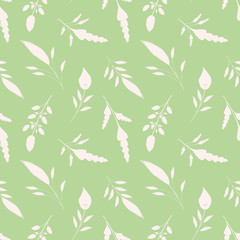 Hand drawn white brush stroke leaves on green background. Seamless vector pattern with a soothing vibe. Great for wellbeing, gardening, organic, beauty, spa products, fabric, giftwrap, stationery