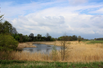 Wonderful landscape, stormy sky over a clean river.