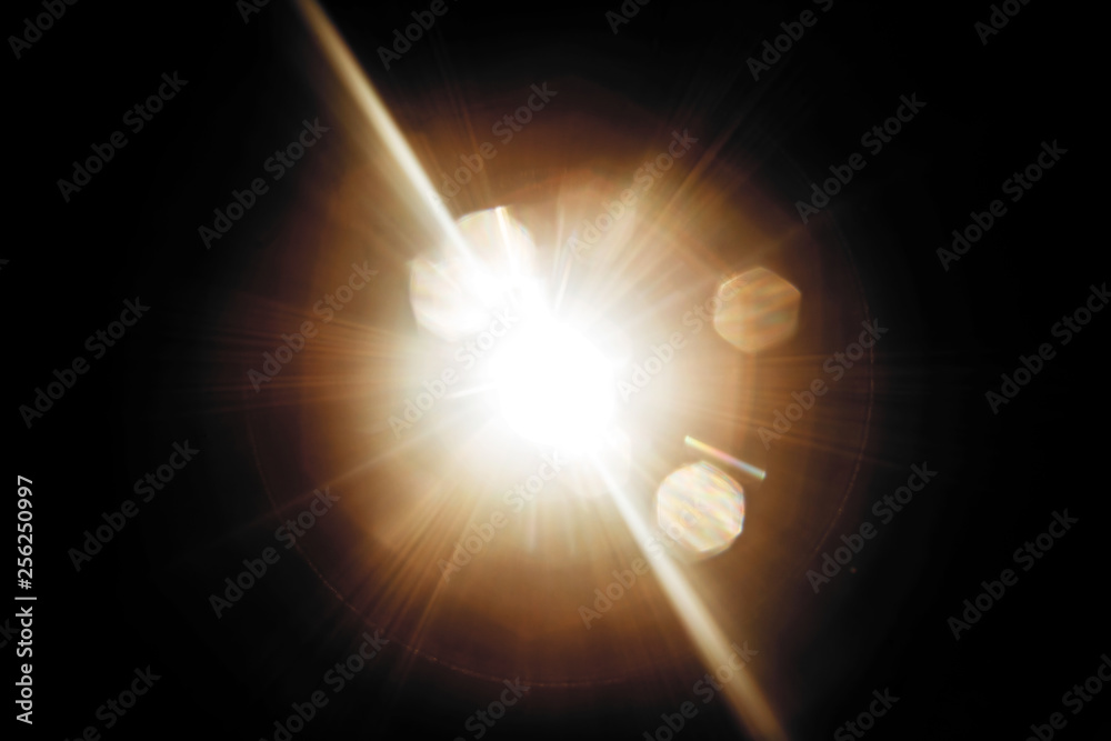 Aufkleber Lens Flare. Light over black background. Easy to add overlay or screen filter over photos. Abstract sun burst with digital lens flare background. Gleams rounded and hexagonal shapes, rainbow halo.